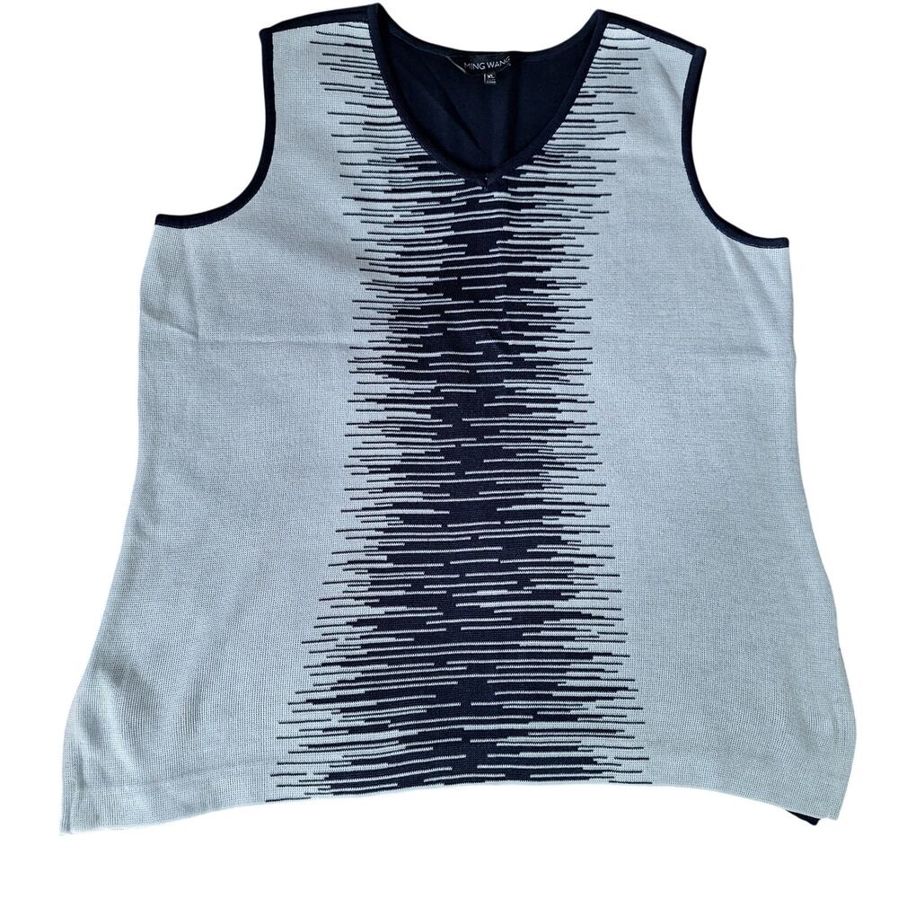 MING WANG Knit Tank Top Graphic Layered Black Off White NWOT Side Slit - XL